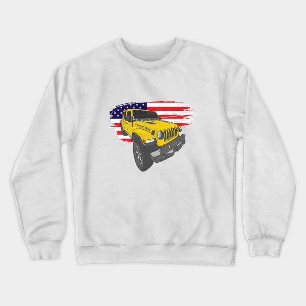 Jeep Wrangler with American Flag - Yellow Crewneck Sweatshirt by 4x4 Sketch